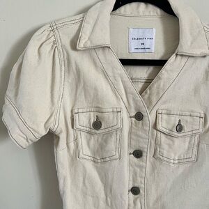 Celebrity Pink Cream Button Down Shirt Puff Sleeves